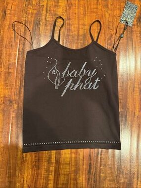 Baby Phat Brown Rhinestone Script Logo Spaghetti-Strap Top